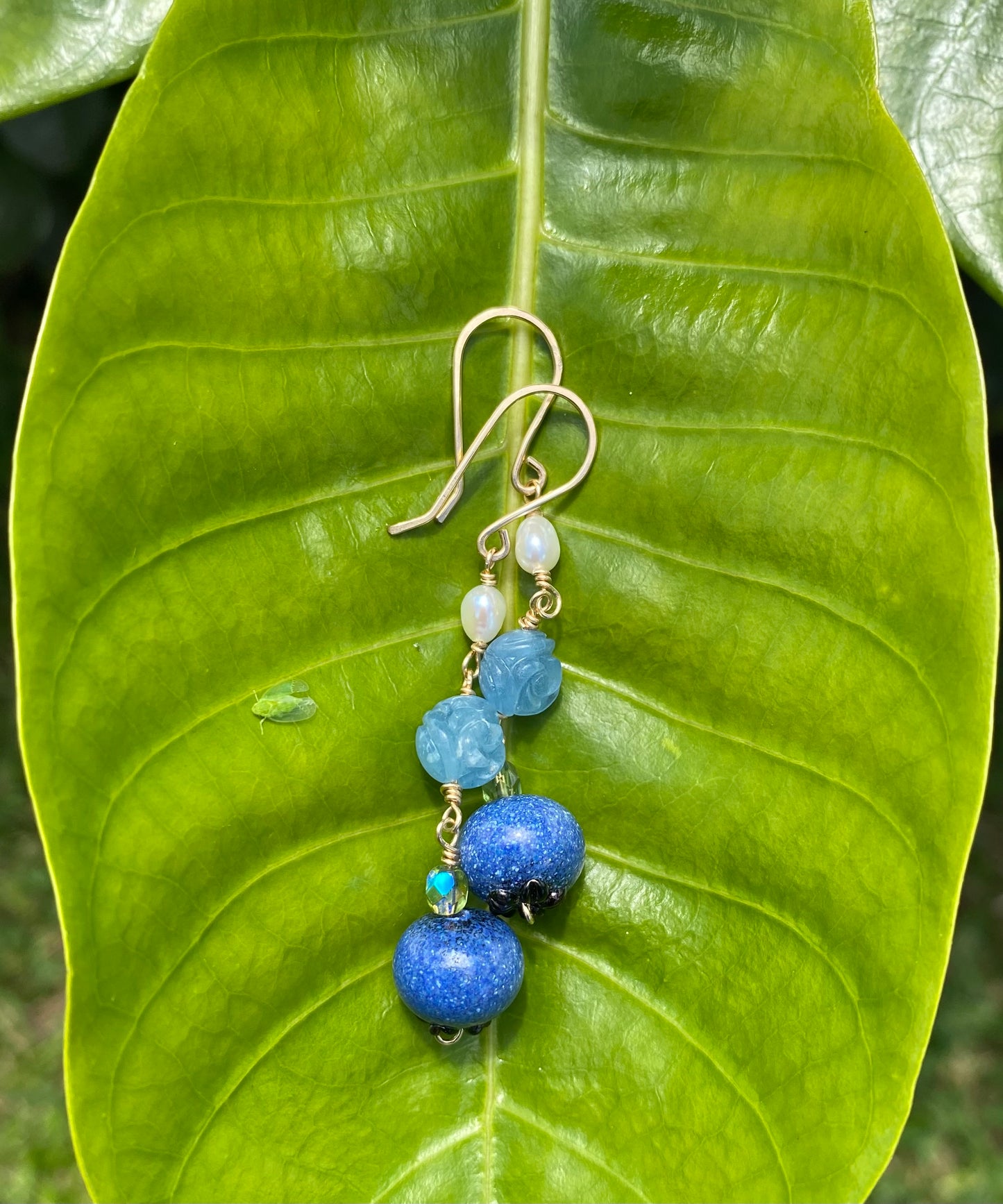 Blueberry Aquamarine Rose Keshi Pearl Earrings
